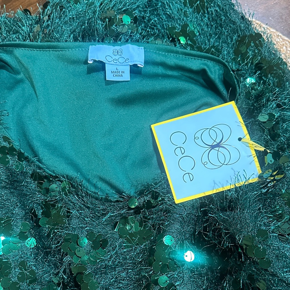 CeCe Emerald Sequin Long Sleeve Blouse